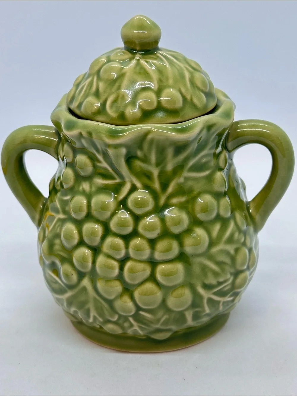 Vintage Green Grape Vine Ceramic Sugar Bowl with Lid and Creamer Set*Has Crazing